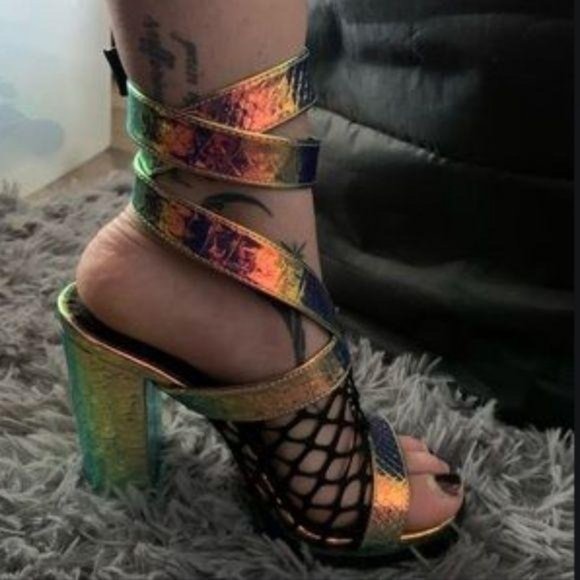 Metallic Lug Sole Ankle Wrap Heels - Picture 4 of 5